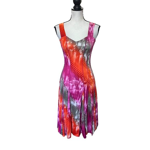 VTG Y2K Tango Mango Fuchsia Pink & Orange Tie Dye Flared Mini Skater Dress S - Picture 3 of 7